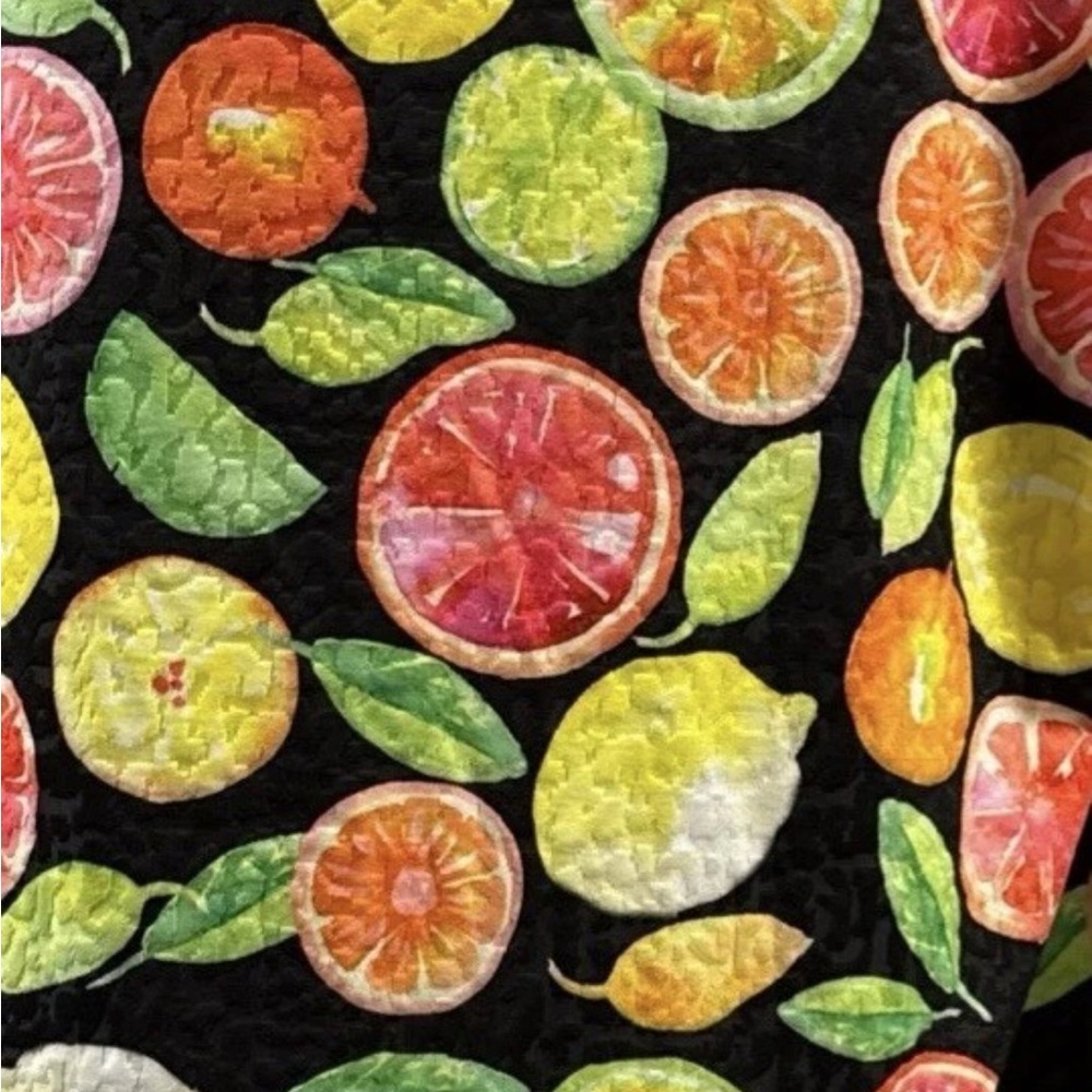Vintage New Peck & Peck‎ XL Citrus Fruit Print Top Black Lemons Made USA Orange - Picture 6 of 8